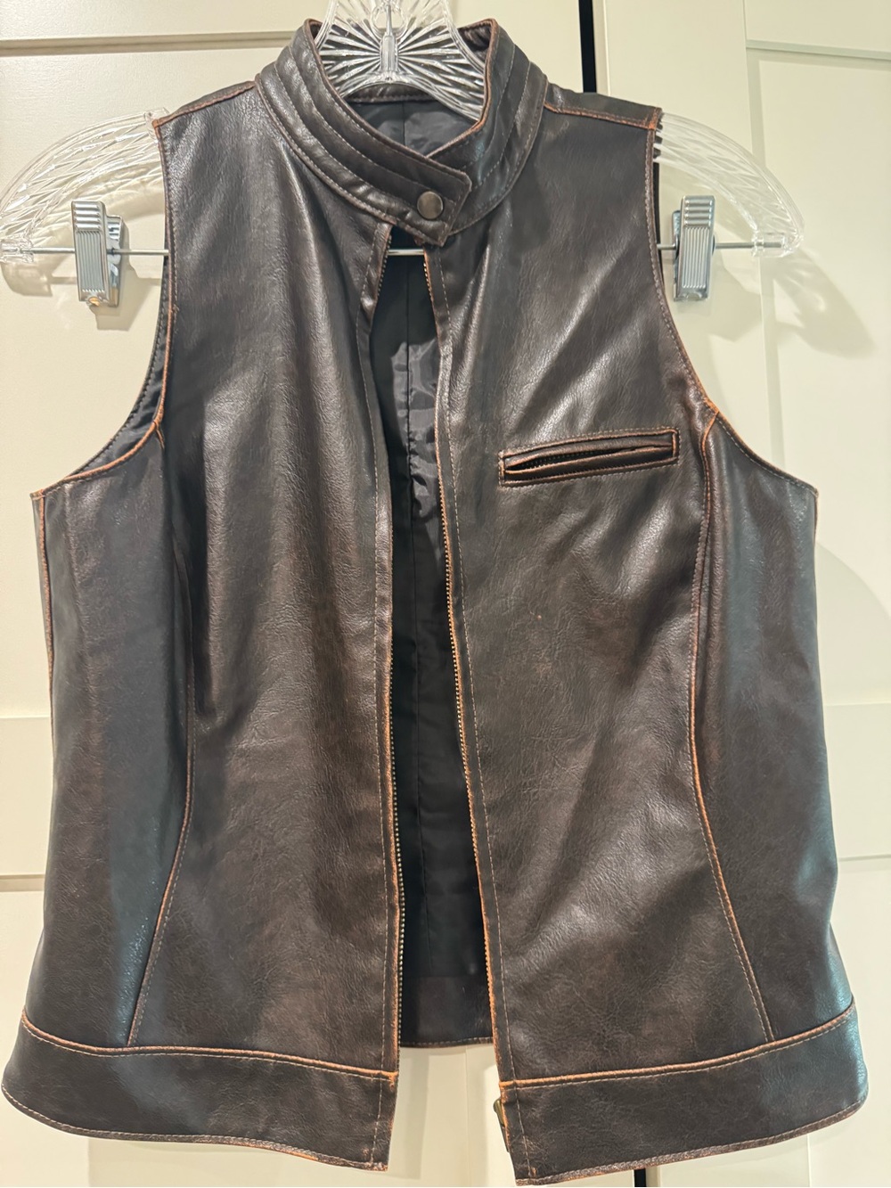 Women's Sleeveless Faux Leather Vest in Dark Brown with Contrast Stitching